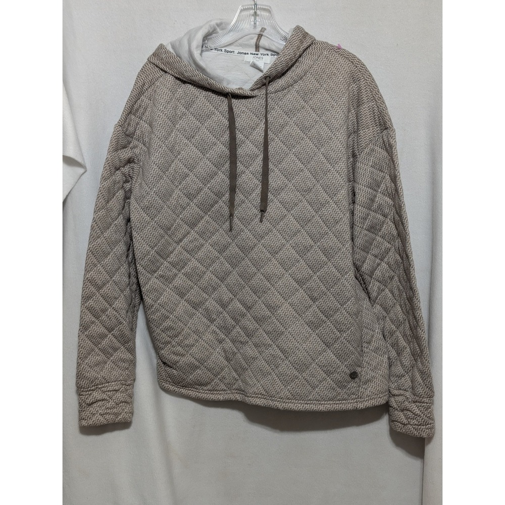 Jones New York Sport Womens XL Quilted Herringbone Hoodie Tan White JNY Pullover